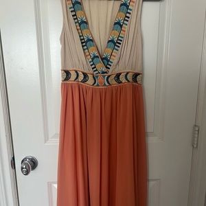 Flying tomato, empire waist, maxi dress, peach color with embroidery.  Medium